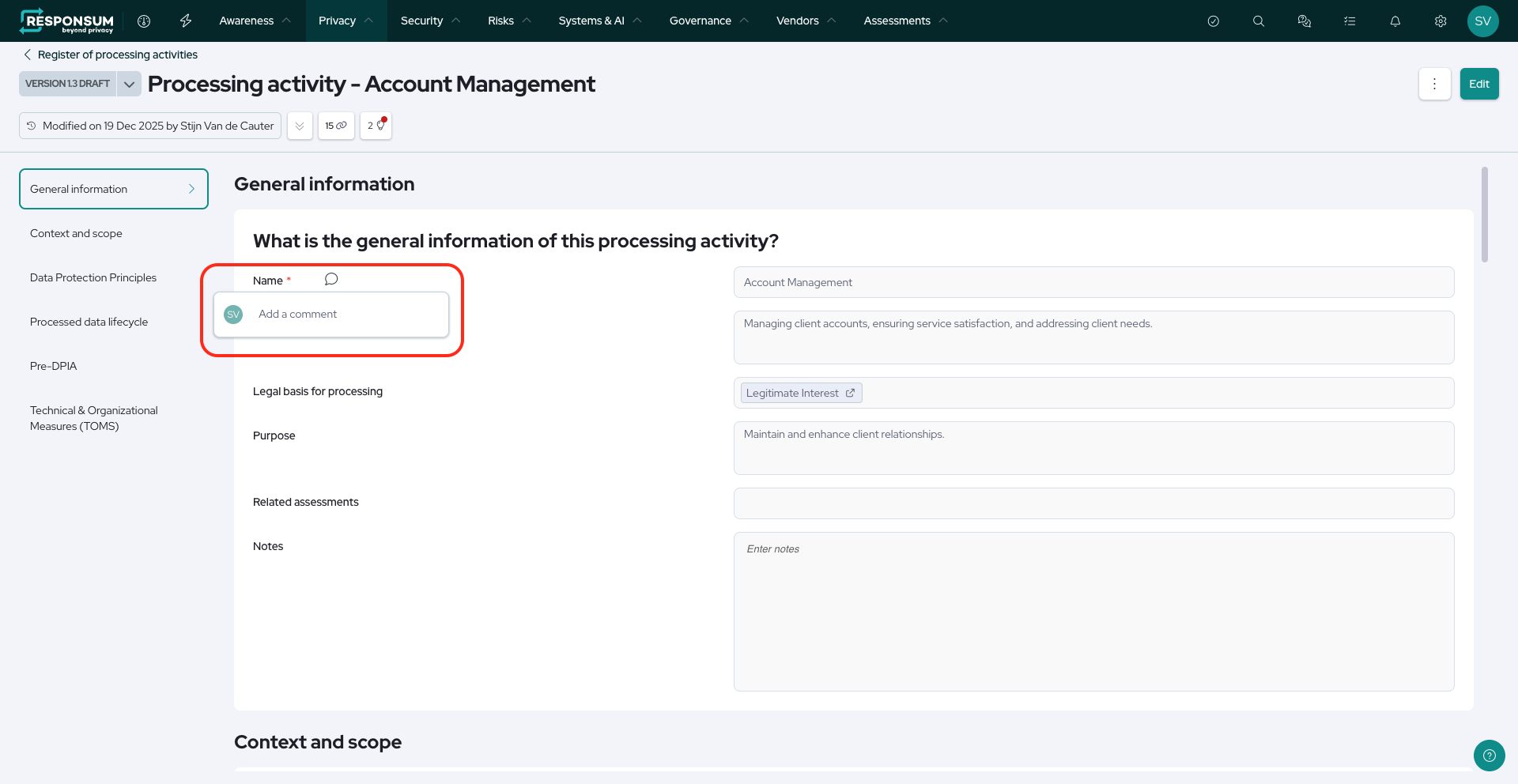 Commenting on a field